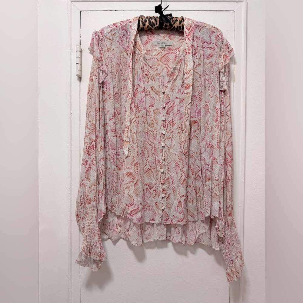 ALLSAINTS Lara Vernus Snakeprint Romantic Ruffled Victorian Style Pink Blouse 10 - Picture 3 of 8